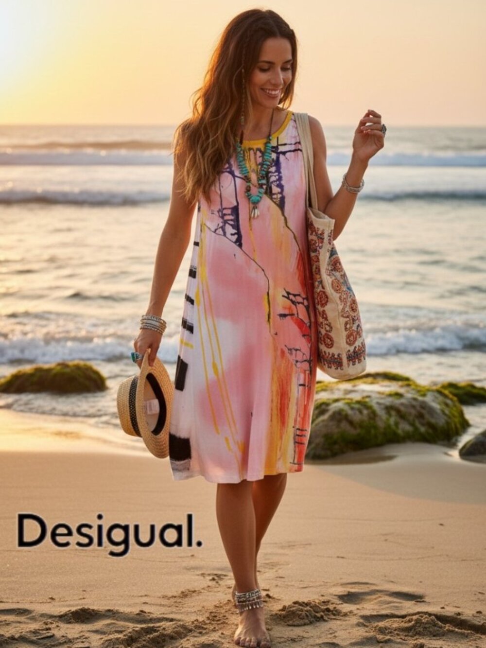 Desigual XS Abstract Print Swing Dress Sleeveless Colorful Boho Artsy Tunic